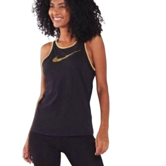 Nike Womens Tank Top Black Gold Dri Fit Athletic Running Shirt Small - Picture 2 of 7